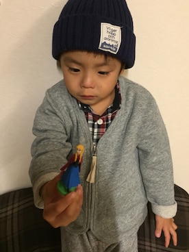 「無印良品（ムジルシリョウヒン）のアイテム（シャツ/ブラウス、レッド系）」を使った、junjunさん（キッズ）の秋コーディネート