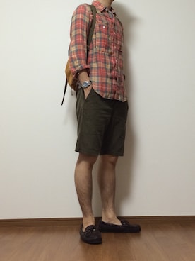 「膝上ショーツ」｜「アイテム（モカシン/デッキシューズ）」を使った、人間椅子さん（メンズ・172cm）の夏コーディネート