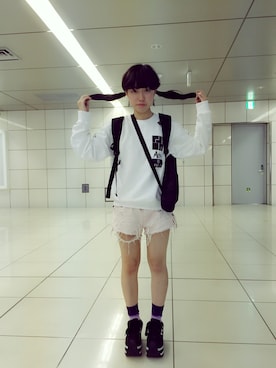 「M.Y.O.B（エム.ワイ.オー.ビー）のアイテム（スウェット）」を使った、つむじさん（レディース・149cm）の夏コーディネート