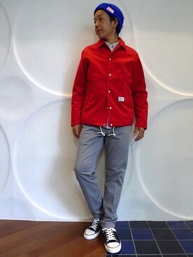 ナイロンジャケットを使った 赤アウター のメンズ人気ファッションコーディネート ユーザー ショップスタッフ Wear