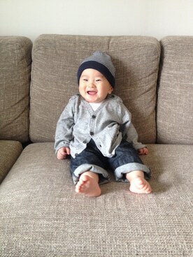 「PETIT BATEAU（プチバトー）のアイテム（ニットキャップ/ビーニー）」を使った、MIRAI＋さん（キッズ・70cm）の春コーディネート