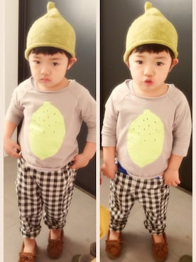 「韓国子供服のアイテム（Tシャツ/カットソー、グレー系）」を使った、kankanさん（キッズ・100cm）の春コーディネート