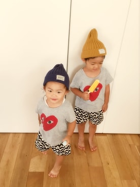 「しまむら（シマムラ）のアイテム（ニットキャップ/ビーニー、ブルー系）」を使った、kankanさん（キッズ・100cm）の夏コーディネート