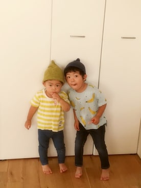 「韓国子供服のアイテム（ニットキャップ/ビーニー、ブルー系）」を使った、kankanさん（キッズ・100cm）の夏コーディネート