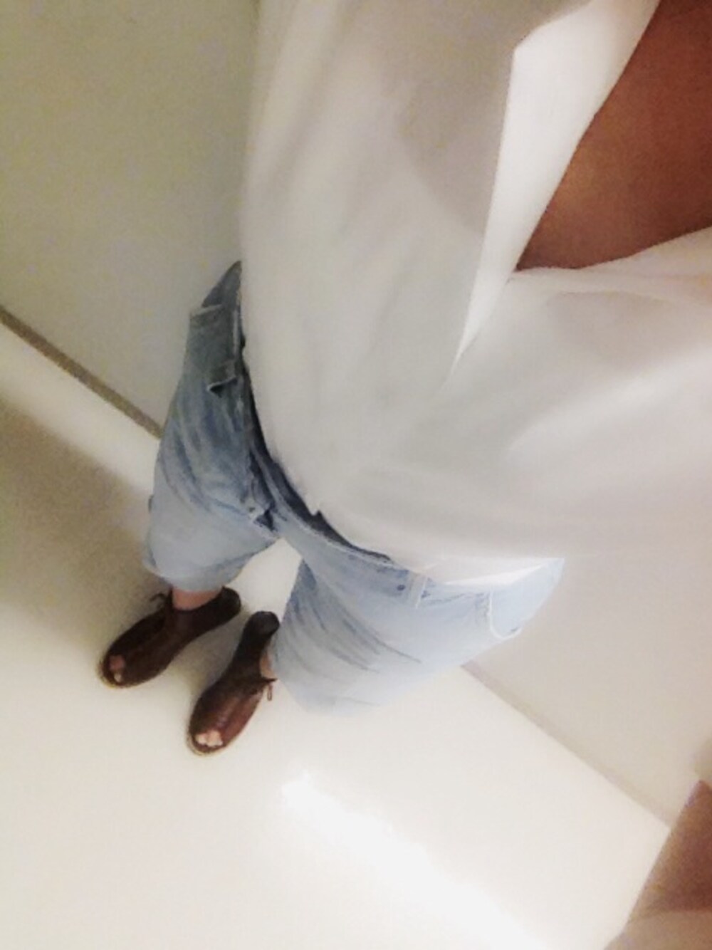「ZARA、ラルフローレンシャツ、FOREVER 21、shool girl」｜「Ralph Lauren Sportのアイテム（シャツ/ブラウス、ホワイト系）」を使った、みずきさん（レディース・158cm）の夏コーディネートの1枚目の写真