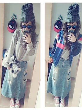 「RCWB（アールシーダブリュービー）のアイテム（帽子）」を使った、umakoさん（レディース・163cm）の冬コーディネート