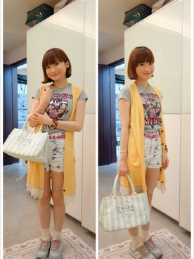 「PAZZO（パッゾ）のPazzo午餐包（クラッチバッグ、ブルー系）」を使った、Chuさん（レディース・154cm）の夏コーディネート
