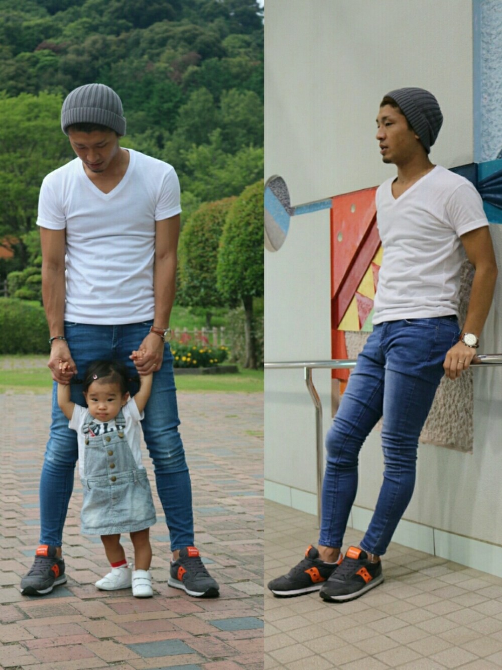 「親子コーデ、キッズコーデ、パパと娘、ニット帽、白Tシャツ、denim、saucony、スニーカー、ジャンスカ、1歳2ヶ月」｜「FOREVER 21のアイテム（デニムパンツ、ブルー系）」を使った、Rima&Aoi papaさん（メンズ・170cm）の夏コーディネートの1枚目の写真