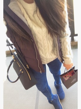 「アイテム（ダウンベスト、ブラウン系）」を使った、Mさん（レディース・161cm）の冬コーディネート