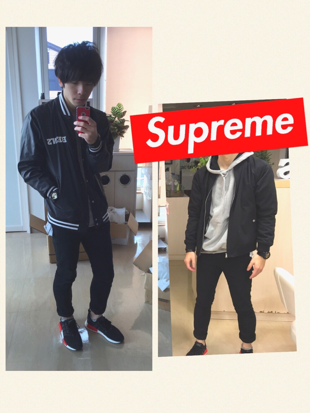 「カジュアルコーデ、秋コーデ、adidas originals」｜「BEN DAVISのBEN DAVIS/BEN'Sロゴ ナイロンスタジャン（スタジャン、ブラック系）」を使った、mokaさん（メンズ・176cm）の秋コーディネートの1枚目の写真