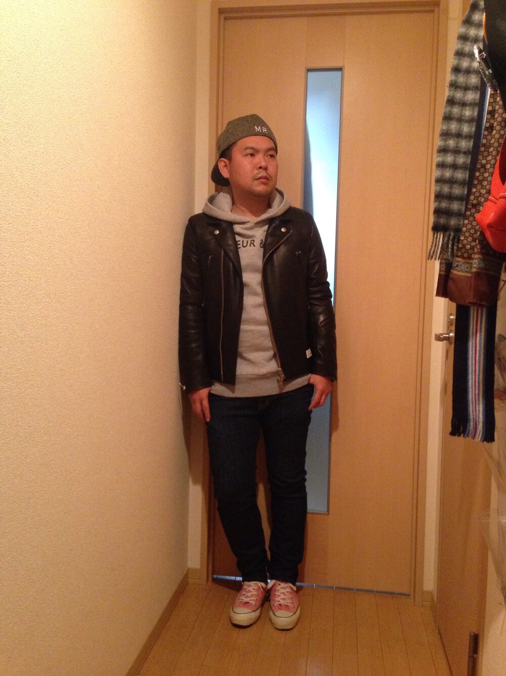 「punk rocker's rule、ライダース、プルオーバーパーカー、キャップ後ろかぶり、スキニーデニム、オールスター、name.、MR.GENTLEMAN、.efilevol、チームアラサー」｜「MR.GENTLEMANの2013AW ツイードキャップ（キャップ、ブラウン系）」を使った、John Lemonさん（メンズ・165cm）の秋コーディネートの1枚目の写真