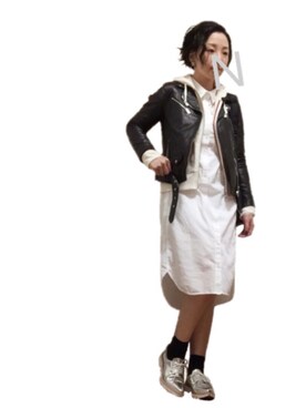 「Rouge vif（ルージュヴィフ）のアイテム（ライダースジャケット）」を使った、ながやまーぬさん（レディース・153cm）の秋コーディネート