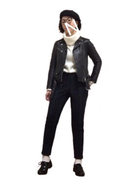「Rouge vif（ルージュヴィフ）のアイテム（ライダースジャケット）」を使った、ながやまーぬさん（レディース・153cm）の冬コーディネート
