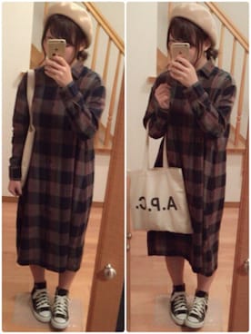 「LOWRYS FARM（ローリーズファーム）のフェルトベレー　732784 （ハンチング/ベレー帽、ベージュ系）」を使った、さ きさん（レディース・157cm）の秋コーディネート