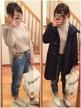 「LOWRYS FARM（ローリーズファーム）のＣＯＮＥハイライズデニム　728057 （デニムパンツ、ブルー系）」を使った、さ きさん（レディース・157cm）の冬コーディネート