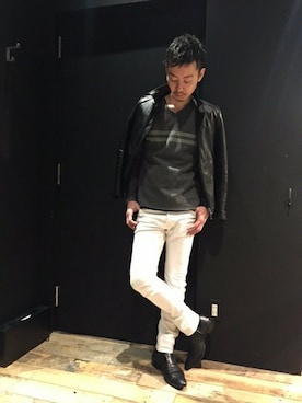 「ホワイトデニム」｜「アイテム（ライダースジャケット）」を使った、daiさん（メンズ・180cm）の冬コーディネート