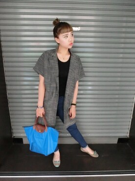 「LONGCHAMP（ロンシャン）のLong chap （トートバッグ、ブルー系）」を使った、Wu Hengchiehさん（レディース・162cm）の春コーディネート