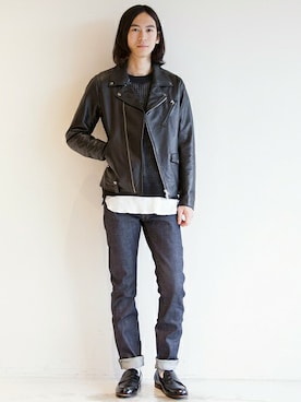 「MONKEY TIME（モンキータイム）のアイテム（ライダースジャケット）」を使った、BEAUTY&YOUTH UNITED ARROWSさん（メンズ・175cm）の春コーディネート