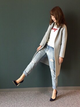 「ロゴニット」｜「アイテム（チェスターコート）」を使った、kumemiさん（レディース・154cm）の春コーディネート