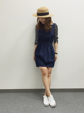 「ボーダーニット」｜「アイテム（ワンピース/ドレス）」を使った、kumemiさん（レディース・154cm）の夏コーディネート