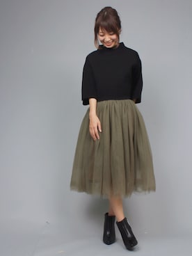 「アイテム（スカート、グリーン系）」を使った、kumemiさん（レディース・154cm）の秋コーディネート