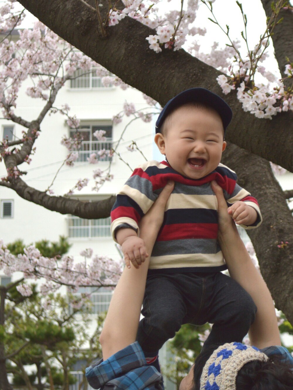 「お花見、春コーデ、シンプルコーデ、ボーダートップス、０歳、9ヶ月、キャップ、男の子」｜「FILAのアイテム（キャップ、ブルー系）」を使った、ちーばちゃんさん（キッズ・80cm）の春コーディネートの1枚目の写真