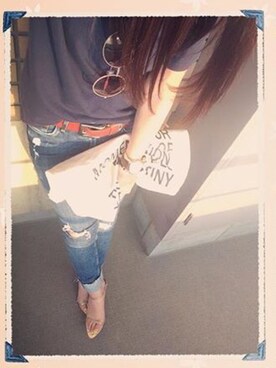 「GU（ジーユー）のアイテム（Tシャツ/カットソー、ブルー系）」を使った、가영 がよん◡̈⃝さん（レディース・161cm）の秋コーディネート