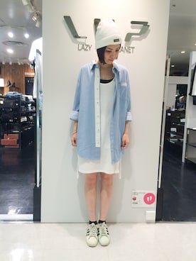 「L.H.P（エルエイチピー）のアイテム（ニットキャップ/ビーニー）」を使った、Hikaru Shimizuさん（レディース・165cm）の夏コーディネート