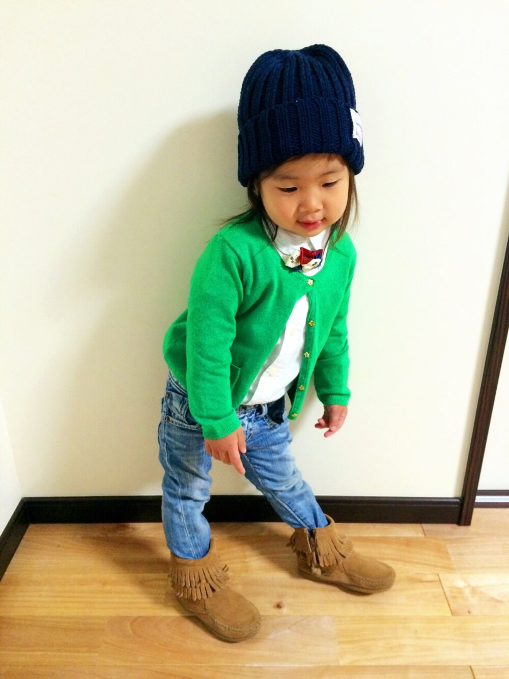 「入園式、キッズコーデ、子供服、ZARA、ZARA KIDS、デニム、babygap、ハグマグ」｜「TODAYFULのサマーニットキャップ（ニットキャップ/ビーニー、レッド系）」を使った、LittlePanteaさん（キッズ・80cm）の春コーディネートの1枚目の写真