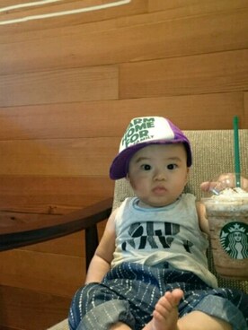 「abcd（ナシ）のアイテム（キャップ）」を使った、ruiさん（キッズ・70cm）の夏コーディネート