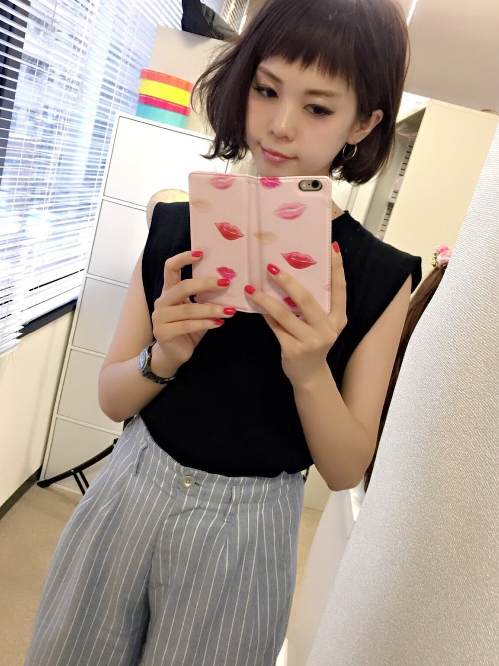 「ブラック、ストライプ、ZARA、ヘアアレンジ、ザラ、オンザ眉毛、Narcissus、ナルシス、リネアストリア、lineastoria」｜「ZARAのアイテム（その他パンツ、その他）」を使った、tomomomoさん（レディース・161cm）の夏コーディネートの1枚目の写真