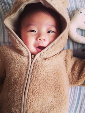 「アイテム（つなぎ/オールインワン、ブラウン系）」を使った、CHIAKI×ASAさん（キッズ・60cm）の冬コーディネート