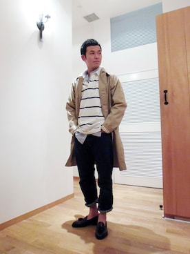 「GYMPHLEX（ジムフレックス）のアイテム（ステンカラーコート）」を使った、カナザワさん（メンズ・168cm）の春コーディネート