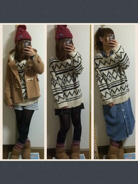 「チチカカ（チチカカ）のアイテム（ニットキャップ/ビーニー、レッド系）」を使った、ママくろさん（レディース・158cm）の冬コーディネート