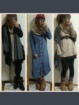 「HERE'S（HERE'S）のアイテム（ニット/セーター、ブラウン系）」を使った、ママくろさん（レディース・158cm）の冬コーディネート