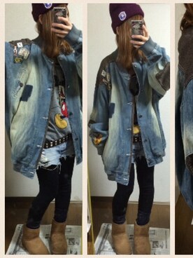 「FUBU（ フブ）のアイテム（デニムジャケット、ブルー系）」を使った、ママくろさん（レディース・158cm）の冬コーディネート