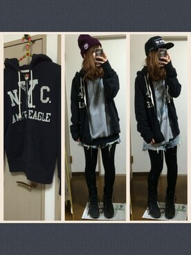 「American Eagle（アメリカンイーグル）のアイテム（パーカー、ブラック系）」を使った、ママくろさん（レディース・158cm）の冬コーディネート