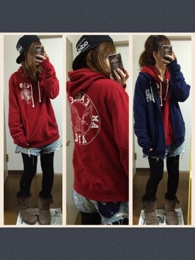 「American Eagle（アメリカンイーグル）のアイテム（パーカー、レッド系）」を使った、ママくろさん（レディース・158cm）の冬コーディネート