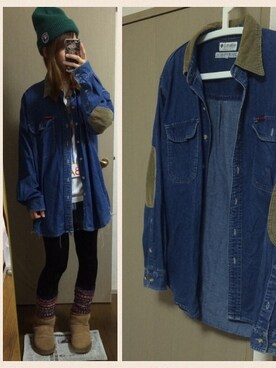 「Columbia（コロンビア）のアイテム（シャツ/ブラウス、ブルー系）」を使った、ママくろさん（レディース・158cm）の冬コーディネート