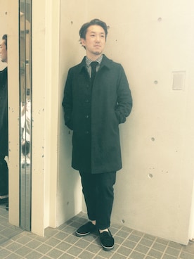 「And A（アンドエー）のアイテム（チェスターコート）」を使った、榛葉和也さん（メンズ・168cm）の秋コーディネート