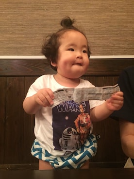 「present（プレゼント）のアイテム（パンツ）」を使った、Anriさん（キッズ・70cm）の夏コーディネート