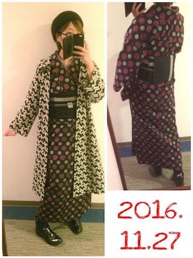 「和服」｜「アイテム（ダウンジャケット/コート）」を使った、うねうねさん（レディース・159cm）の秋コーディネート
