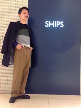 「SHIPS JET BLUE（シップスジェットブルー）のアイテム（チェスターコート）」を使った、高村さん（メンズ・174cm）の秋コーディネート