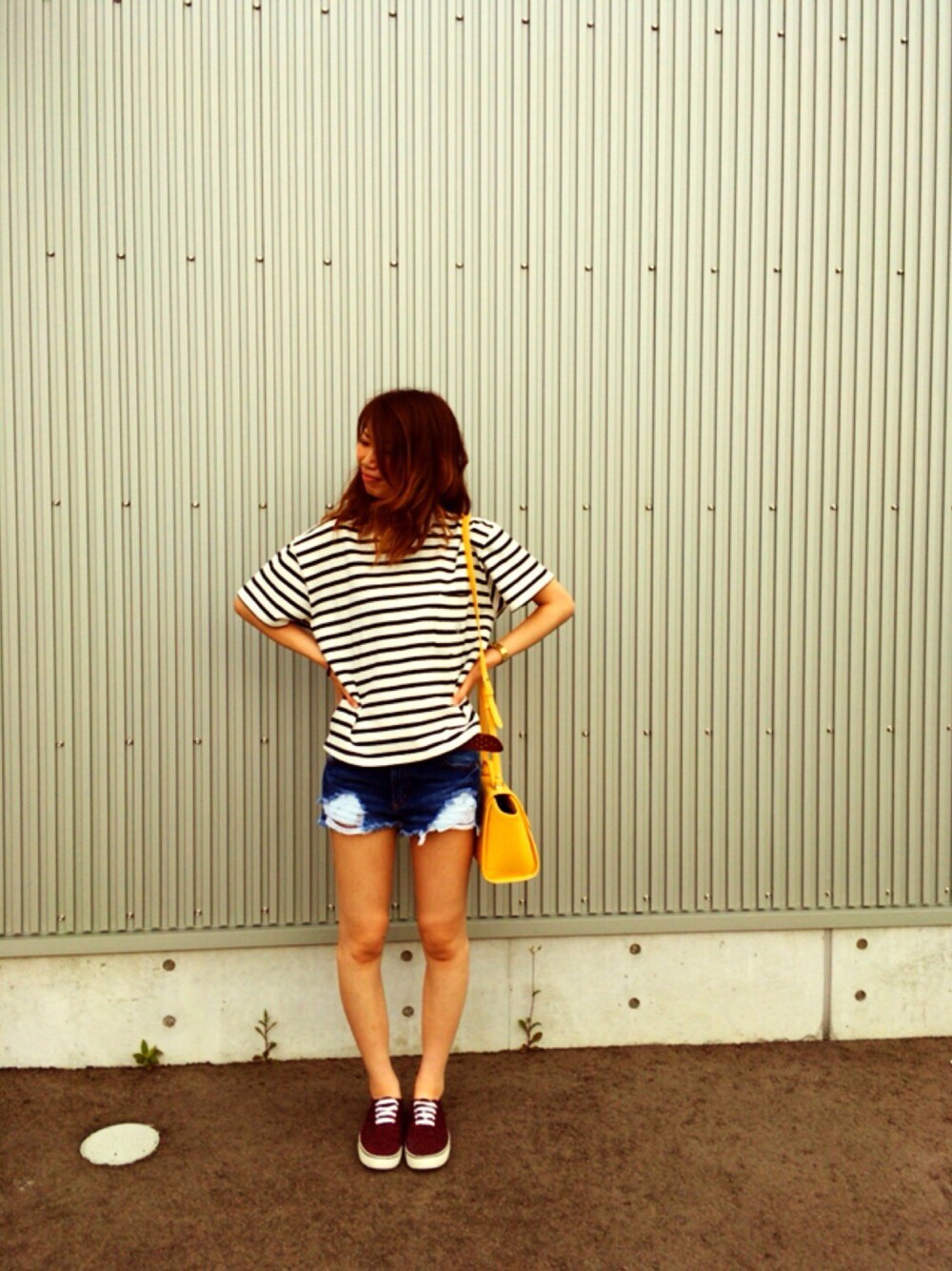 「ALDIES、FOREVER 21、MARC BY MARC JACOBS、H&M、エボルイール、休日CODE」｜「ALDIESのアイテム（ニット/セーター、ホワイト系）」を使った、ArisAさん（レディース・164cm）の夏コーディネートの1枚目の写真