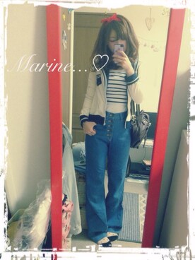 「マリンコーデ」｜「アイテム（その他アウター）」を使った、♡me♡さん（レディース・158cm）の春コーディネート