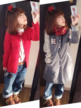 「バレンタインデートスタイル」｜「アイテム（スタジャン）」を使った、ちびえみこさん（レディース・150cm）の冬コーディネート