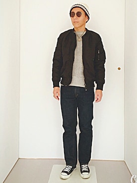 「H&M（エイチ・アンド・エム）のアイテム（ミリタリージャケット）」を使った、ハッピーマンさん（メンズ・168cm）の冬コーディネート
