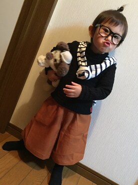 「Moujonjon（ムージョンジョン）のアイテム（ニット/セーター）」を使った、れいさん（キッズ・90cm）の秋コーディネート