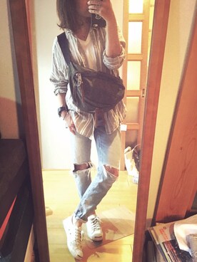 「アイテム（ボディバッグ/ウエストポーチ、グリーン系）」を使った、太田さん（レディース・154cm）の夏コーディネート