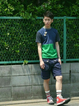 「NIRAME.CO（ニラメッコ）のアイテム（Tシャツ/カットソー）」を使った、つーじーさん（メンズ・170cm）の春コーディネート